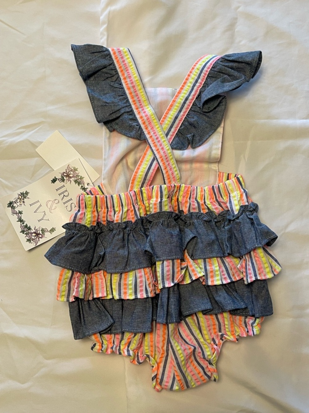 Nordstrom Multicolor Striped Ruffle One-Piece Romper with Navy Ruffles - Picture 2 of 6